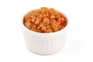 Bolognese sauce in a bowl, isolated on white background.