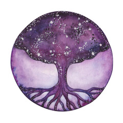 Watercolor illustration. Hand painted sacred tree of life in circle with crown, trunk and roots in purple, blue, black, violet colors. Space colors of starry night. Isolated nature clip art for banner - obrazy, fototapety, plakaty