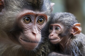 close-up of mother and baby monkey's faces, with the baby looking at its mother, created with generative ai
