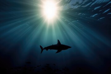 silhouette of shark swimming among rays, with stunning underwater view, created with generative ai