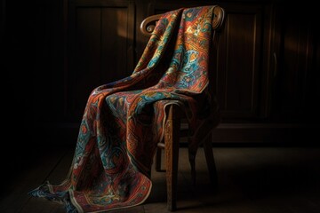 cloth, with vibrant and intricate pattern, draped over wooden chair, created with generative ai