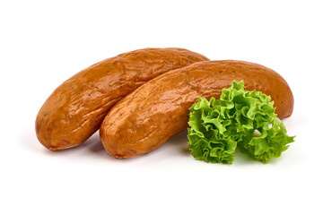 Smoked sausages for grill, isolated on white background. High resolution image.