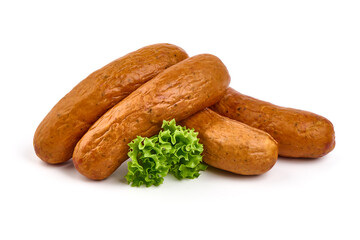 Smoked sausages for grill, isolated on white background. High resolution image.