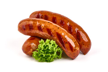 BBQ roasted pork sausages, isolated on white background.
