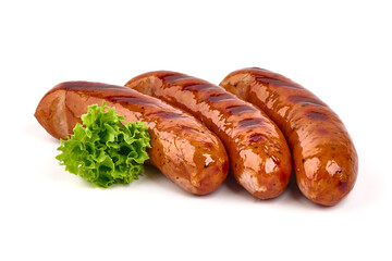 Grilled bratwurst Pork Sausages with basil leaves, close-up, isolated on white background.