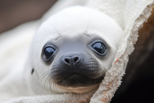 close-up of seal pup's inquisitive eyes, peeking out from its furry hood, created with generative ai