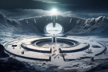 Sci fi futuristic alien base thriving on the enigmatic lunar landscape. Ai generated