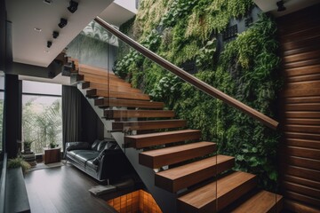 vertical garden wrapped around a wooden staircase railing, created with generative ai