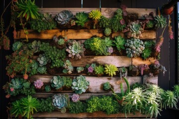 a vertical garden with succulent and cacti plants, created with generative ai