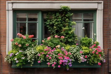 green wall with flowering window box arrangement, created with generative ai