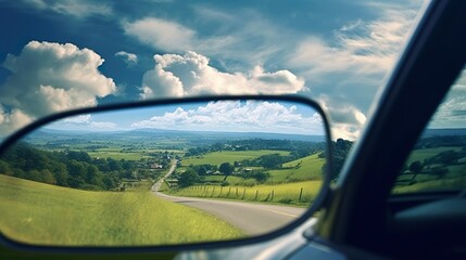 Journey Reflections: Village Landscape in Car Mirror made with Generative AI