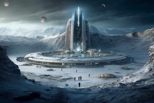 Sci fi futuristic alien base thriving on the enigmatic lunar landscape. Ai generated