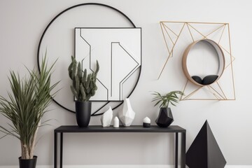 a minimalist wall with simple geometric shapes in black and white, created with generative ai