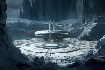Sci fi futuristic alien base thriving on the enigmatic lunar landscape. Ai generated