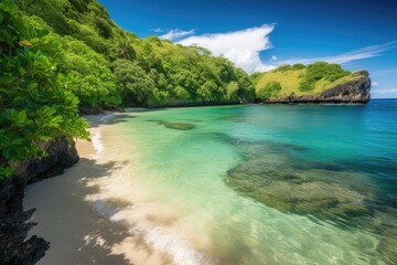 remote island beach, with clear blue waters and rolling surf, surrounded by tropical greenery, created with generative ai