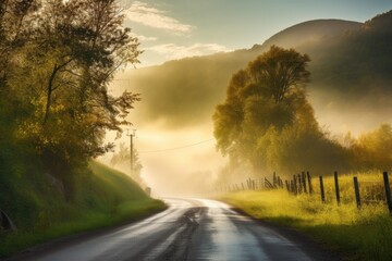 morning mist over a scenic mountain road, created with generative ai