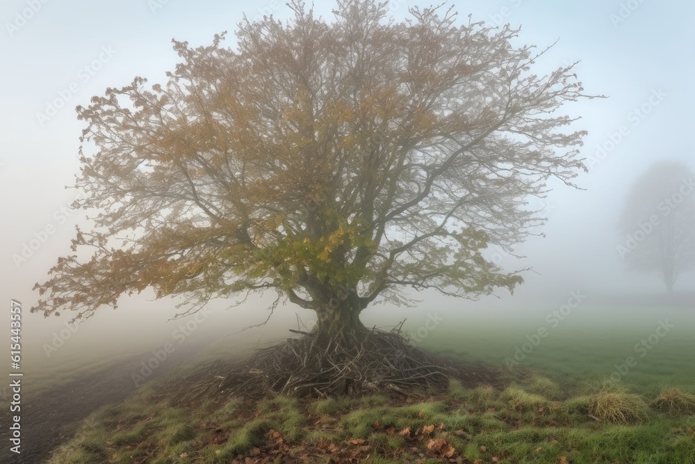 Sticker sprouting tree in a misty morning, surrounded by fog, created with generative ai