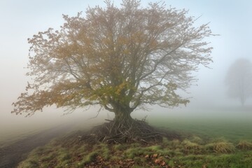 Fototapeta premium sprouting tree in a misty morning, surrounded by fog, created with generative ai