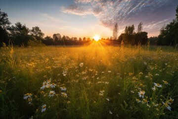 wildflower meadow in golden sunrise, with the sun peeking over the horizon, created with generative ai