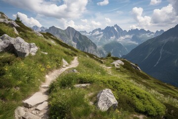 high-altitude trail, with stunning views of the surrounding mountain range, created with generative ai