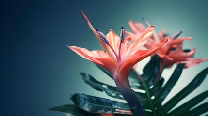 Macro close up shot of pink lily flower and some copy space on blue background. Generative AI technology.