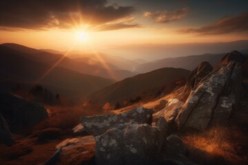 mountaintop with view of the sun setting over a distant mountain range, created with generative ai