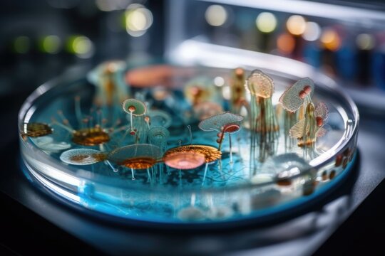 petri dish with growth of bacteria, microorganisms or fungi growing in artificial environment, created with generative ai
