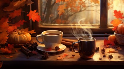 Naklejka na ściany i meble The inviting aroma of a cup of coffee an autumn-inspired dessert. AI generated