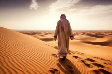 Fototapeta na wymiar The solitude and beauty of the Sahara desert as a lone Arab figure gracefully traverses the vast sandy landscapes, dressed in traditional attire. Ai generated