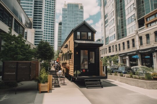 a tiny house in the city, surrounded by urban hustle and bustle, created with generative ai