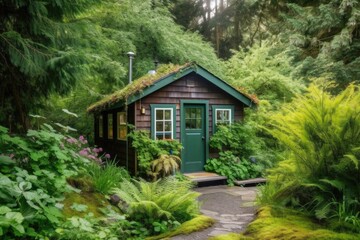 Fototapeta na wymiar tiny house, surrounded by lush greenery, in serene and peaceful setting, created with generative ai