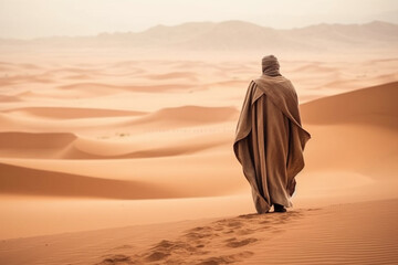 Fototapeta na wymiar The solitude and beauty of the Sahara desert as a lone Arab figure gracefully traverses the vast sandy landscapes, dressed in traditional attire. Ai generated