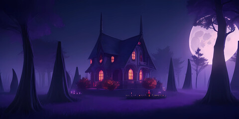 Halloween illustration in dark cold shades with a mysterious house in the woods in purple cold shades in 3d style. Digital Halloween holiday banner artwork. AI Generation
