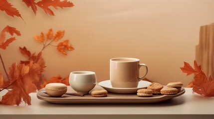 Naklejka na ściany i meble A cozy retreat with a cup of coffee and a delightful autumn dessert. AI generated