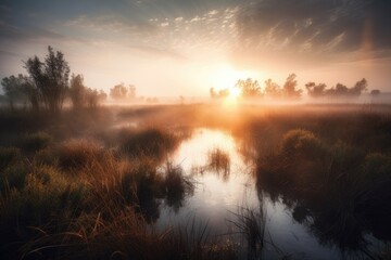 sunset over marsh, with the sun's rays shining through the mist and creating a magical atmosphere, created with generative ai