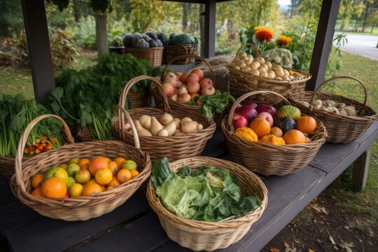 basket of fresh-picked fruit and vegetables at park food stand, created with generative ai