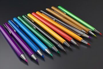 Fototapeta premium Vibrant Pen Palette: A Collection of Colorful Pens, colorful pens, pen collection, vibrant, colorful, writing instruments, stationery, office supplies, creative tools, artistic, pen set, 