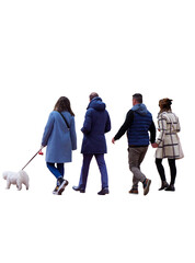 Groupe de quatre jeunes personnes se promenant avec un chien.  - obrazy, fototapety, plakaty