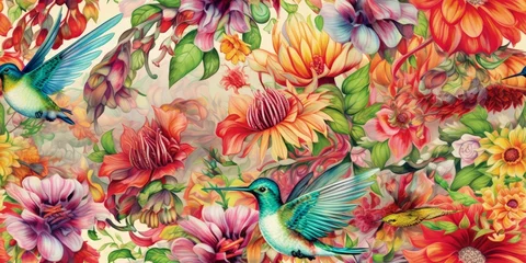 Zelfklevend Fotobehang Watercolored Pencil Illustration: 'Garden Gala' - Birds AI Generate Seamless Background for Wedding Stationary, Greetings, Wallpapers, Fashion, Backgrounds, Wrappers, Cards, Printing, Fabric © Александр Паршин