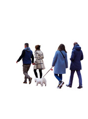 Groupe de quatre amis photographiés de dos  qui  se promènent  avec un  petit chien blanc en automne - obrazy, fototapety, plakaty