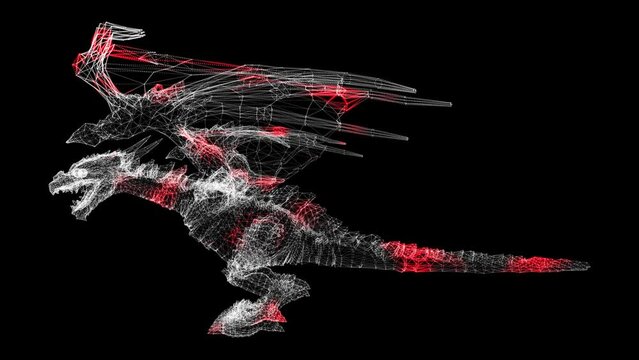 3D dragon on black background. Object made of shimmering particles. A fabulous fantasy concept. For title, text, presentation. 3d animation 60 FPS