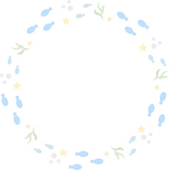 円形のフレーム　さかな　水色