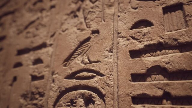 Ancient Egyptian Hieroglyphs Carved on Stele, Close-up Motion