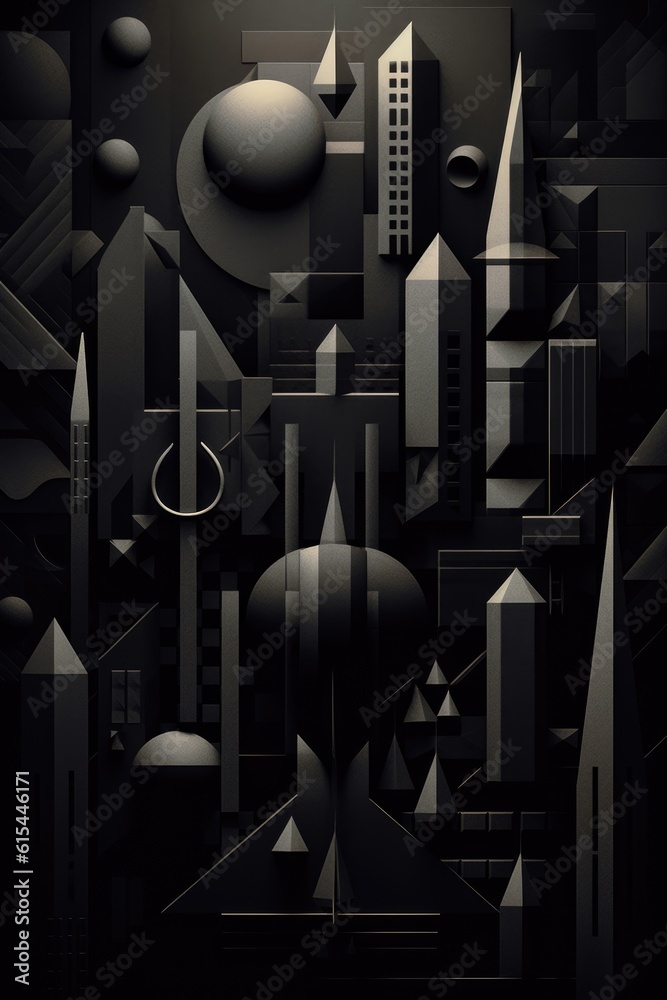 Poster monochrome geometric shapes on a dark background, created with generative ai