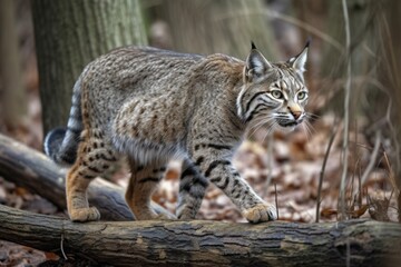 Obraz premium wildcat with long and slender tracks through the forest, created with generative ai