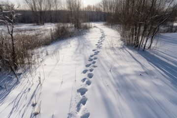 Obraz premium wildlife track in the snow, with a bird's eye view, created with generative ai