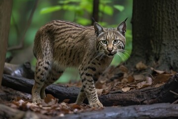 Naklejka na ściany i meble wildcat with long and slender tracks through the forest, created with generative ai