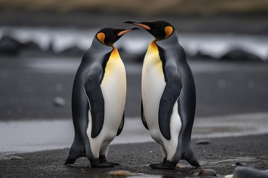 Regal Affection: Majestic King Penguins in a Couple's Embrace, Couple, King Penguins, Wildlife, Nature, Animals, Birds, Antarctica, Love, Affection, Embrace,