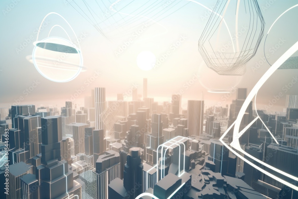 Wall mural 3d geometric form hovering above futuristic cityscape, created with generative ai