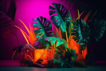 Glowing Tropical Paradise: Creative Fluorescent Color Layout with Vibrant Tropical Leaves, creative layout, fluorescent colors, tropical leaves, vibrant, colorful, tropical paradise, neon, exotic, art